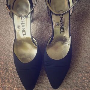 Black Satin CHANEL Heels with ankle straps